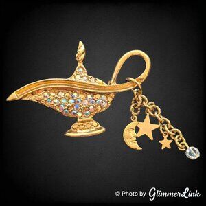 Vintage Kirks Folly Genie Lamp AB Rhinestone Moon Stars Gold Tone Brooch Pin